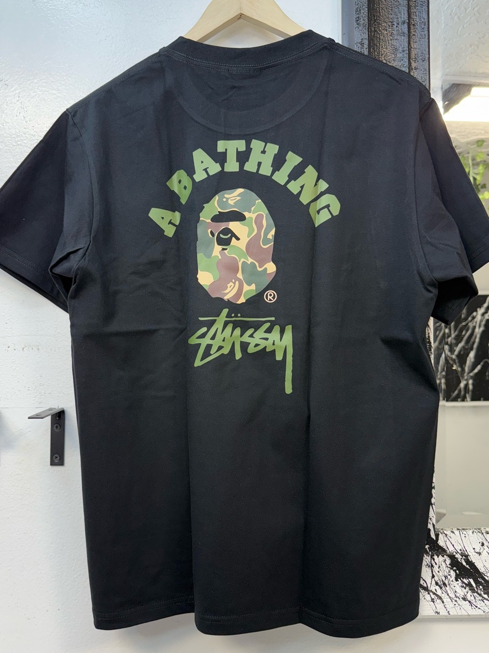 Bape x Stussy Black Tee with Green Camo Ape Head T-shirt